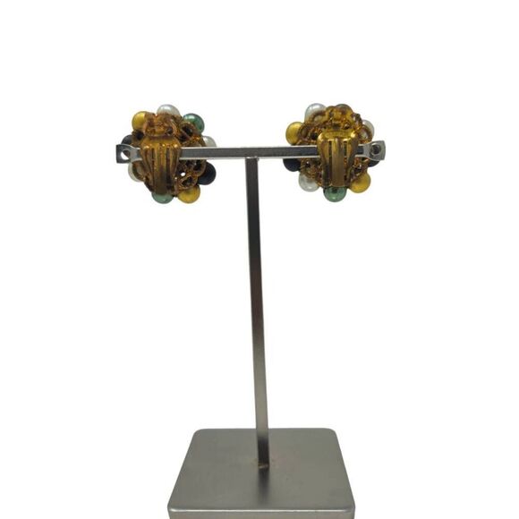 Multicolor Cluster Bead Clip-On Earrings - Picture 2 of 6